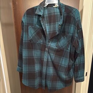 Plaid Button-Up Shirt in Teal and Brown